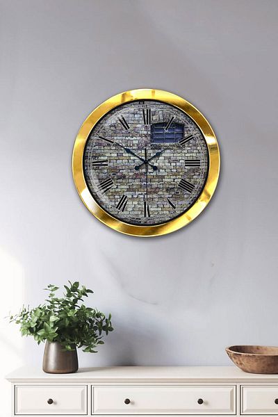 Kasva Concept Gift 36 cm Gold Metal Stone Structure Wall Clock