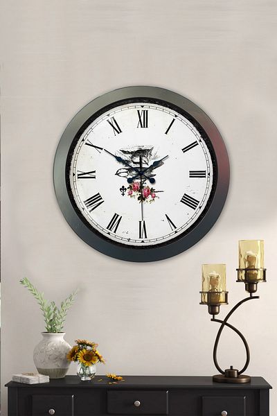 Kasva Concept Gift 36 cm Chrome Metal Wall Clock with Bird