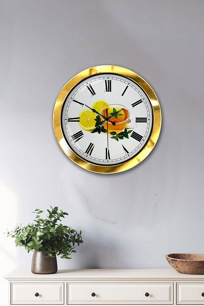Kasva Concept Gift 36 cm Gold Metal Lemon Tea Wall Clock