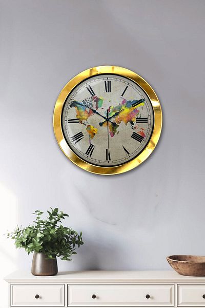 Kasva Concept Gift 36 cm Gold Metal World Map Wall Clock