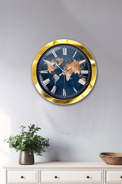 Kasva Concept 36 cm Gold Metal World Map Wall Clock