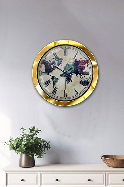 Kasva Concept 36 cm Gold Metal World Map Wall Clock