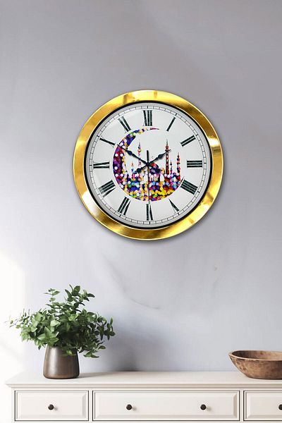 Kasva Concept Gift 36 cm Gold Metal Crescent and Mosque Wall Clock