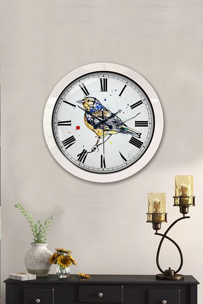 Kasva Concept 36 cm White Metal Bird Drawing Wall Clock