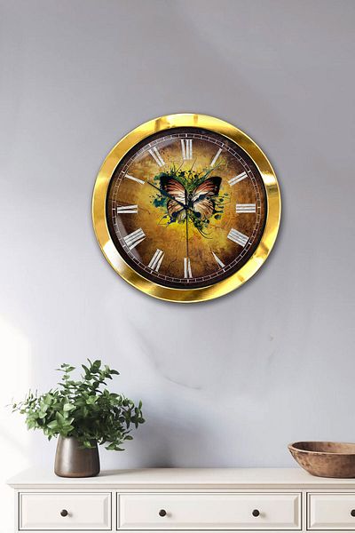 Kasva Concept Gift 36 cm Gold Metal Butterfly Wall Clock