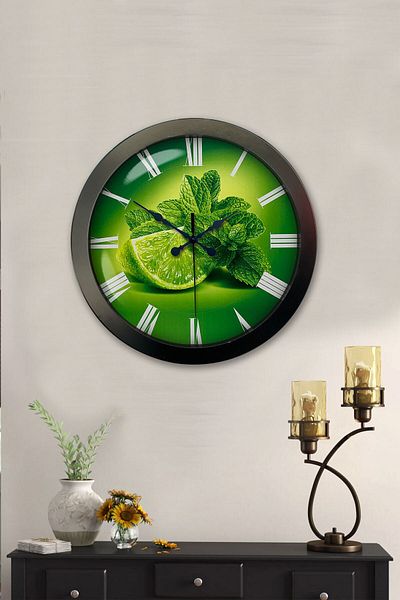 Kasva Concept Gift 36 cm Black Metal Lemon Themed Kitchen Wall Clock