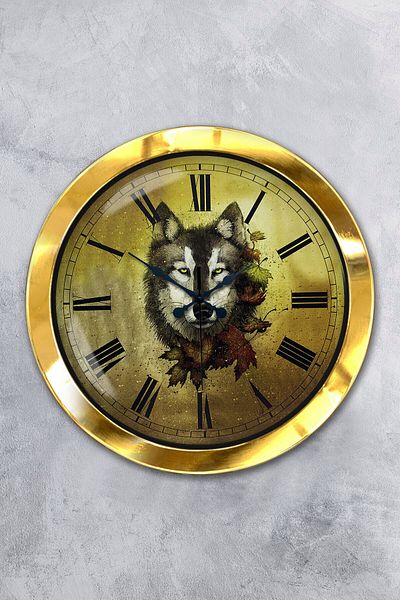 Kasva Concept Gift 36 cm Gold Metal Wolf Wall Clock