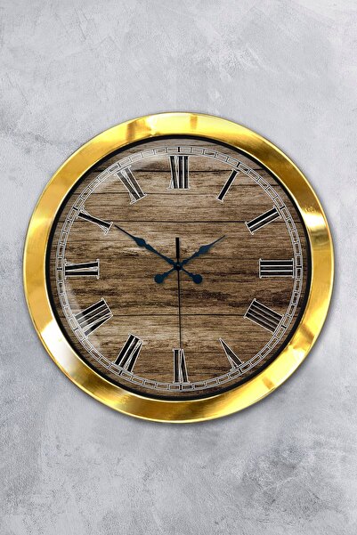 Platin Saat ساعة حائط بمظهر خشبي ذهبي معدني مقاس 36 سم