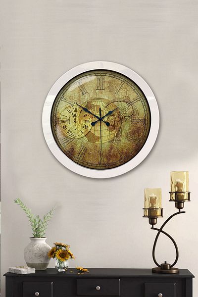 Platin Saat Gift 36 cm White Metal Map Wall Clock