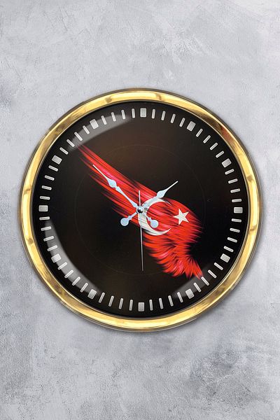 Kasva Concept Gift 40 cm Gold Metal Turkish Flag Wall Clock