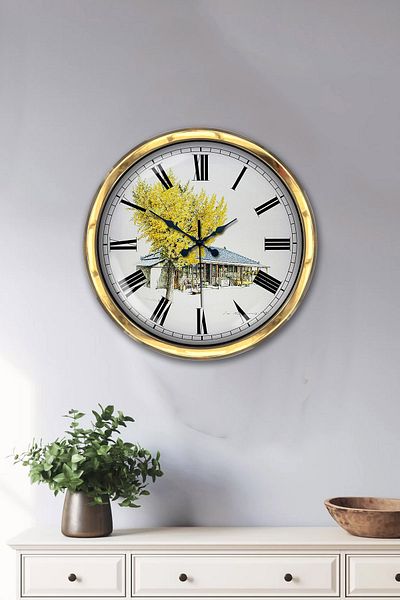 Kasva Concept Δώρο 40 εκ. Χρυσό Μεταλλικό Ρολόι Τοίχου Τοπίου