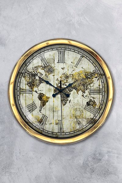 Platin Saat Gift 40 cm Gold Metal Map Wall Clock