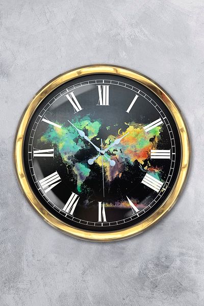 Platin Saat Gift 40 cm Gold Metal Map Wall Clock