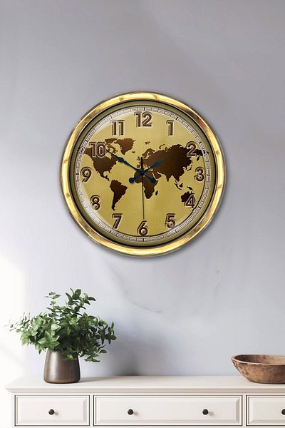 Kasva Concept Gift 40 cm Gold Metal Map Wall Clock