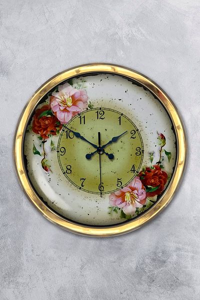Kasva Concept Gift 40 cm Gold Metal Flowers Roses Inside Wall Clock Clock