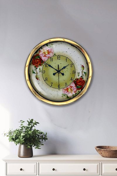 Kasva Concept Gift 40 cm Gold Metal Flowers Roses Inside Wall Clock Clock