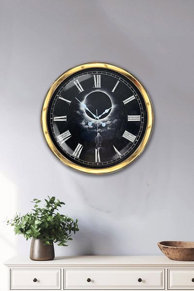 Kasva Concept Gift 40 cm Gold Metal Full Moon Astronaut Wall Clock Clock