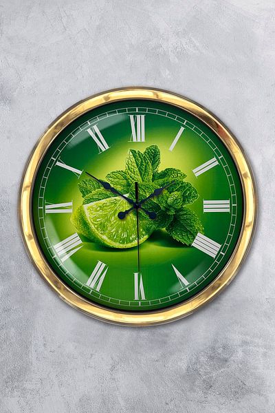 Kasva Concept Gift 40 cm Gold Metal Lemon Themed Kitchen Wall Clock