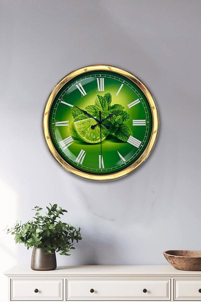 Kasva Concept Gift 40 cm Gold Metal Lemon Themed Kitchen Wall Clock