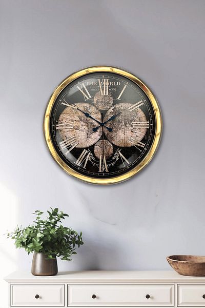 Kasva Concept 40 cm Gold Metal World Map Wall Clock