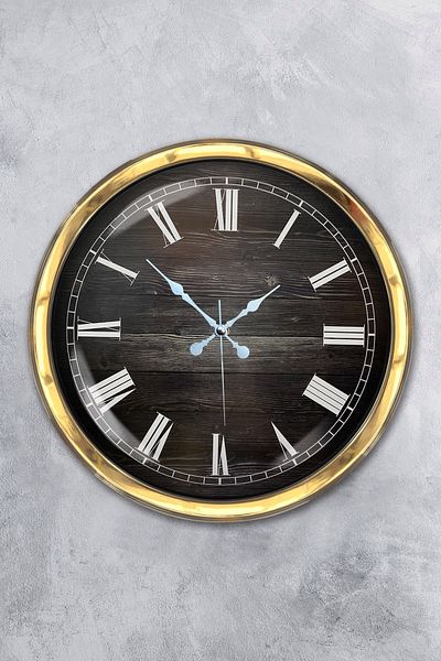 Kasva Concept Gift 40 cm Gold Metal Wooden Roman Numeral Wall Clock