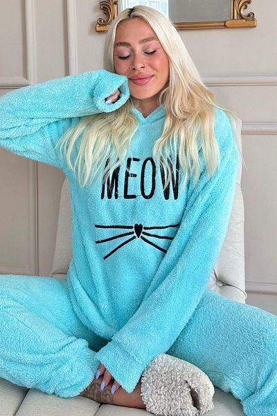Pijamaevi Aqua Green Meow Patterned Pajama Set - Full Plush