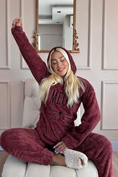 Pijamaevi Full Plush Claret Red Meow Patterned Pajama Set