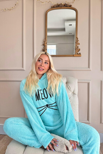 Pijamaevi Aqua Green Meow Patterned Pajama Set - Full Plush