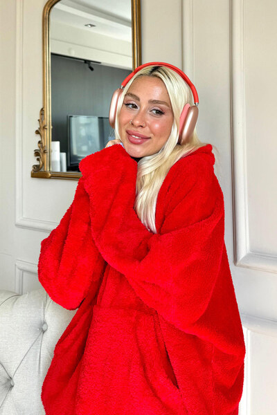 Pijamaevi Kırmızı Kapşonlu Tam Peluş Oversize Sweat Panço Pijama