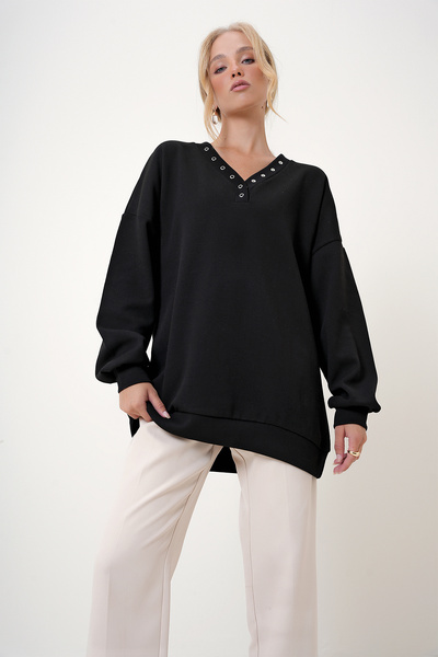 Trend Alaçatı Stili Černá oversize mikina s výstřihem do V – Alc-X12783