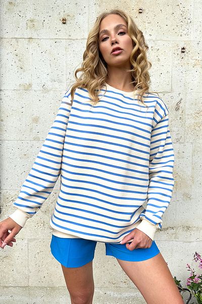 Trend Alaçatı Stili Hanorac pentru femei cu dungi albastre cu gât crew - 3 fire, raster ALC-X12767