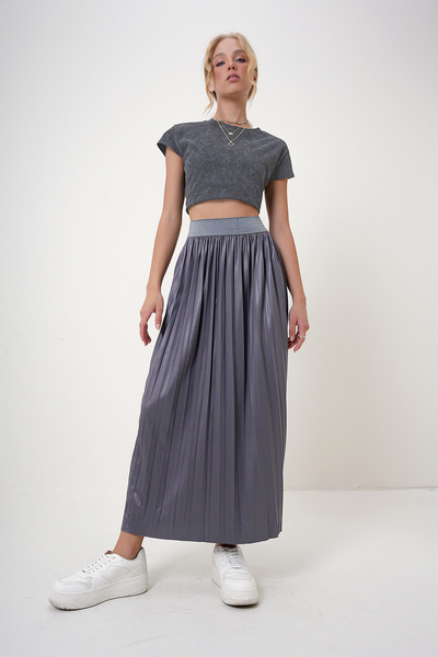 Trend Alaçatı Stili Anthracite Women's Pleated Skirt - Elastic Waist Alc-X12731