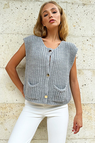 Trend Alaçatı Stili Gray Knitted Vest - Crew Neck, Silver Button, Double Pocket Alc-X12743