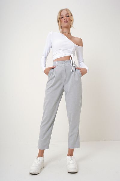 Trend Alaçatı Stili Gray Women's Fabric Trousers with Belt and Stitching Detail - Alc-X12721