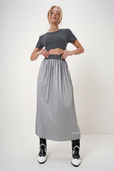 Trend Alaçatı Stili Light Gray Women's Skirt - Elastic Waist, Pleated Alc-X12731