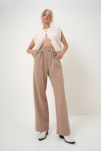 Trend Alaçatı Stili Dámské kalhoty Palazzo s vysokým pasem a zapínáním na suchý zip – Alc-X10753