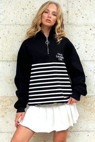 Trend Alaçatı Stili Schwarzes, bedrucktes, erhöhtes Damen-Sweatshirt – Reißverschluss ALC-X12732