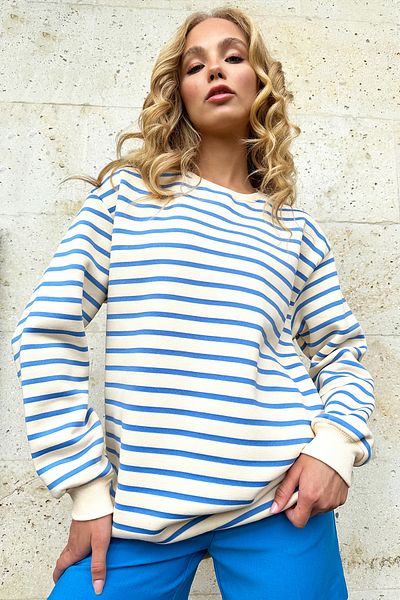Trend Alaçatı Stili Hanorac pentru femei cu dungi albastre cu gât crew - 3 fire, raster ALC-X12767