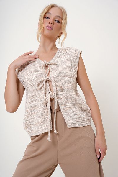 Trend Alaçatı Stili Cream Colored Women's Knitted Vest - Bow Detail, Alc-X12741