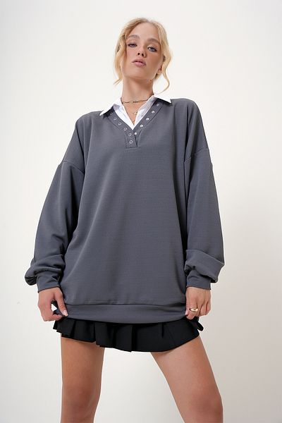 Trend Alaçatı Stili Damen-Sweatshirt in Übergröße mit V-Ausschnitt – Anthrazit ALC-X12783
