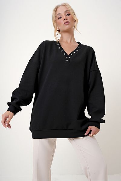 Trend Alaçatı Stili Schwarzes Oversize-Sweatshirt mit V-Ausschnitt – ALC-X12783