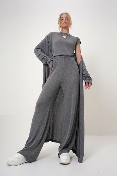 Trend Alaçatı Stili Dark Gray Padded Blouse, Trousers and Cardigan Set for Women - Alc-X4710