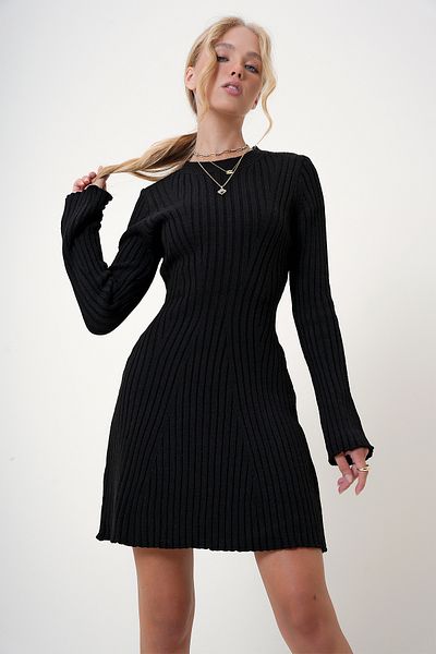 Trend Alaçatı Stili Černé úpletové šaty – výstřih s výstřihem, Alc-X12748