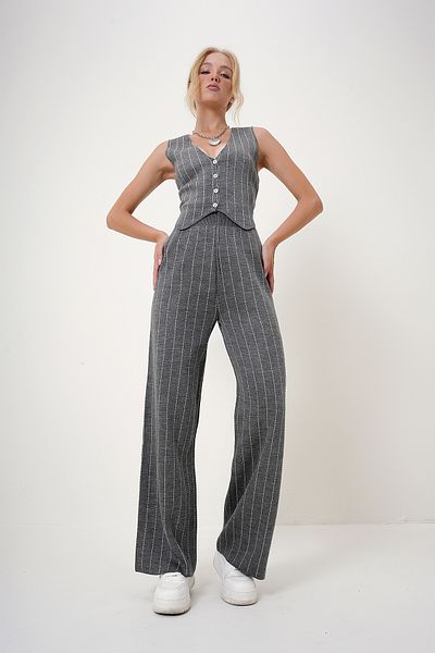 Trend Alaçatı Stili Anthracite V-Neck Striped Knitwear Vest and Elastic Waist Pants Set - Alc-X12747