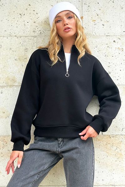 Trend Alaçatı Stili Schwarzes 3-fädiges Crop-Sweatshirt – Stehkragen und Reißverschluss, ALC-X12757