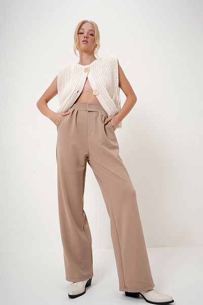 Trend Alaçatı Stili Damen-Palazzo-Hose mit hoher Taille und Klettverschluss, doppelter Tasche – ALC-X10753