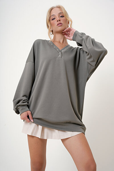 Trend Alaçatı Stili Khaki oversize mikina s výstřihem do V - Alc-X12783