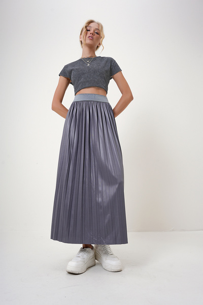 Trend Alaçatı Stili Anthracite Women's Pleated Skirt - Elastic Waist Alc-X12731