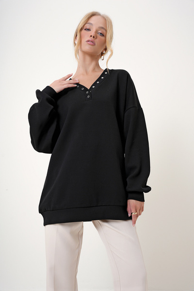 Trend Alaçatı Stili Černá oversize mikina s výstřihem do V – Alc-X12783