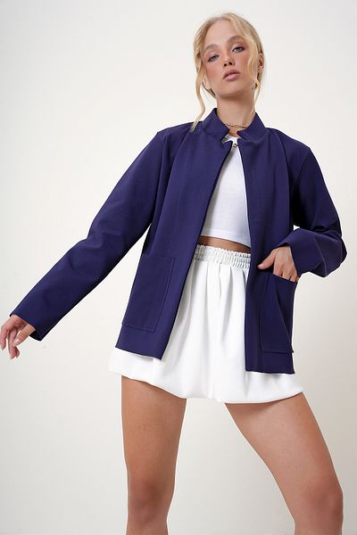 Trend Alaçatı Stili Námořnická modř Judge Collar dámská bunda – dvojitá kapsa, Diver Alc-X12499